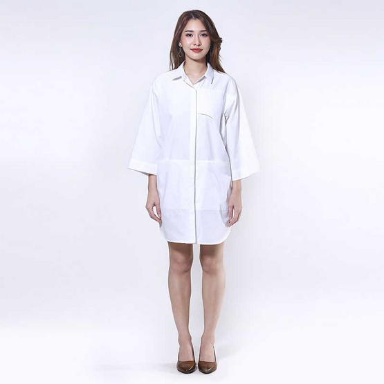 ALL BEAUTE Notty Dress Shirt เดรสเชิ้ตสีขาว ทรง Over Size แขน 5 ส่วน