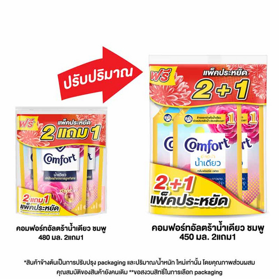 คอมฟอร์ท น้ำยาปรับผ้านุ่ม สูตรเข้มข้น อัลตร้าน้ำเดียว ฟลอรัลเฟรช สีชมพู 450 มล.(2 แถม 1)