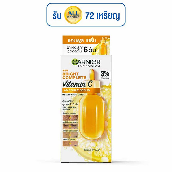 การ์นิเย่ สกิน แนทเชอรัลส์ ไบรท์ คอมพลีท วิตามินซี แอมพูล เซรั่ม 1.5มล. (1 แพ็ก 6 ชิ้น) การ์นิเย่ สกิน แนทเชอรัลส์ ไบรท์ คอมพลีท วิตามินซี แอมพูล เซรั่ม 1.5มล. (1 แพ็ก 6 ชิ้น)
