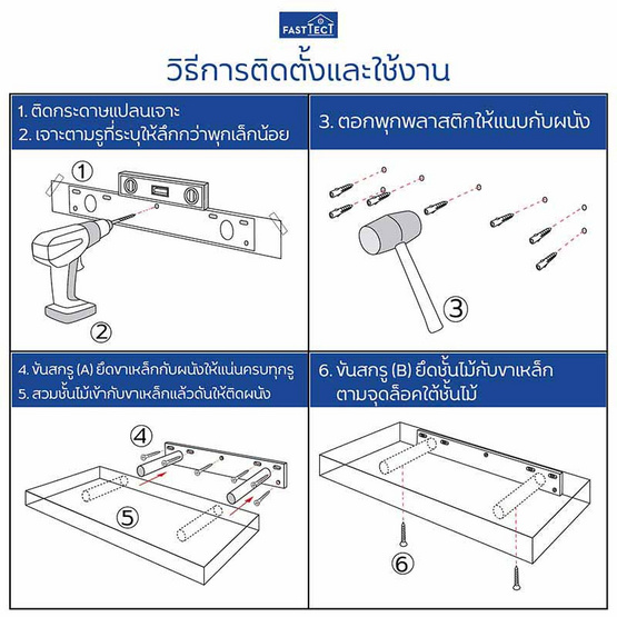 FASTTECT ชั้นวางของติดผนัง กว้าง 24 x ยาว 90 ซม.