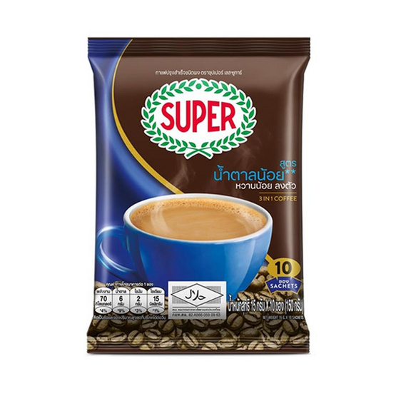 ซุปเปอร์กาแฟ 3In1 สูตรน้ำตาลน้อย 150 กรัม (15 กรัม X 10 ซอง) แพ็ก 6 ถุง |  Allonline
