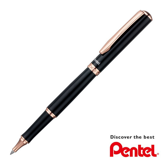 Pentel ปากกาโรลเลอร์หมึกเจล Sterling K611 ด้ามสีดำ แหนบทองชมพู