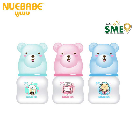 Nuebabe ขวดนมทรงเอว 2 ออนซ์ ฝาครอบหมี แพ็ก 3 ขวด คละสี