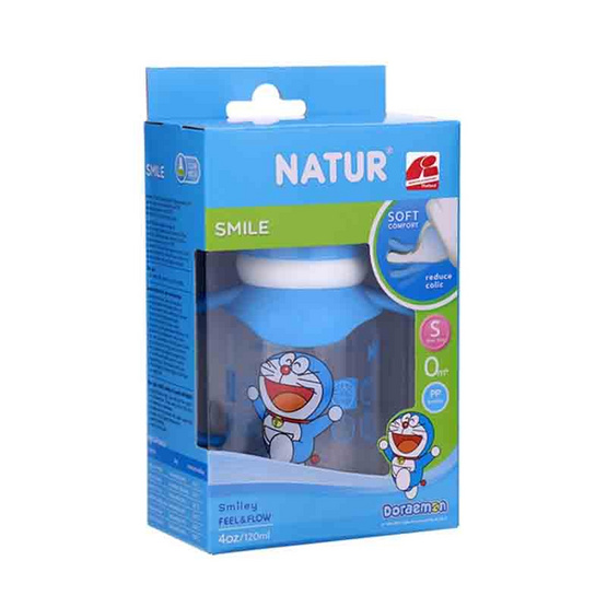 Natur ขวดนม PP โดราเอมอนทรงกลมแขนจับ 4 OZ. คละสี