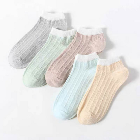 CC SOCK ถุงเท้าข้อสั้น สีพาสเทลขอบขาว แพ็ก 5 คู่