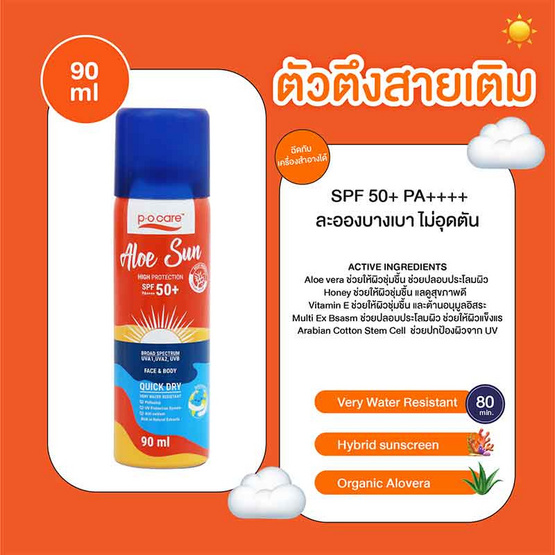 P.O.Care สเปรย์กันแดด ALOE SUN SPRAY SPF50+ PA++++ 90 มล.