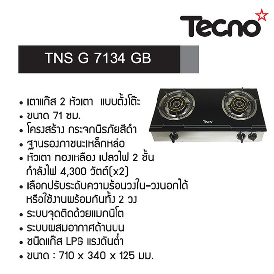 Tecnostar เตาเเก๊ส 2 หัวเตา แบบตั้งโต๊ะ รุ่น TNS G 7134 GB