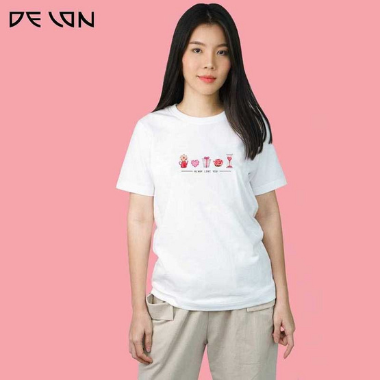 DELON เสื้อยืดคอกลม เสื้อคู่รัก ลาย Alwey Love You  AT53161 ผ้าคอตตอน100% สี ขาว