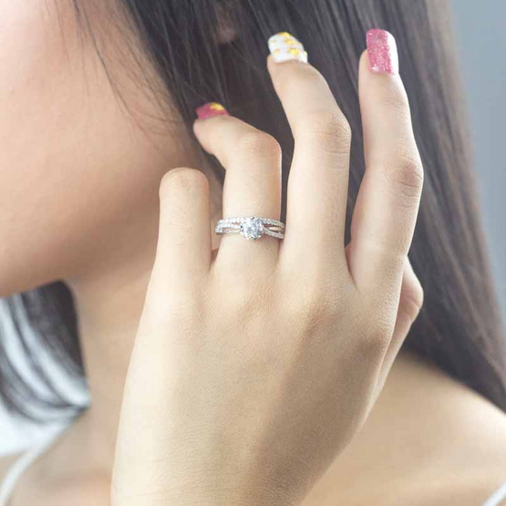 Beauty Jewelry แหวนคู่เงินแท้ 92.5% ประดับเพชร CZ รุ่น RS2069-RR เคลือบทองคำขาว