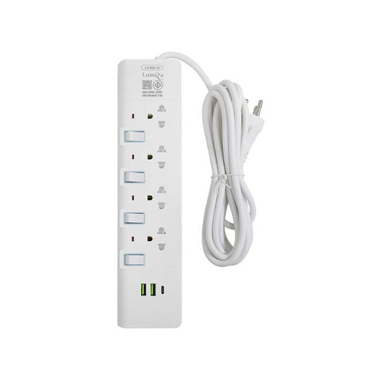 Lumira ปลั๊กไฟ 4 ช่อง 4 สวิตซ์ 2 USB 3 เมตร รุ่น LS-804-2U Lumira ปลั๊กไฟ 4 ช่อง 4 สวิตซ์ 2 USB 3 เมตร รุ่น LS-804-2U