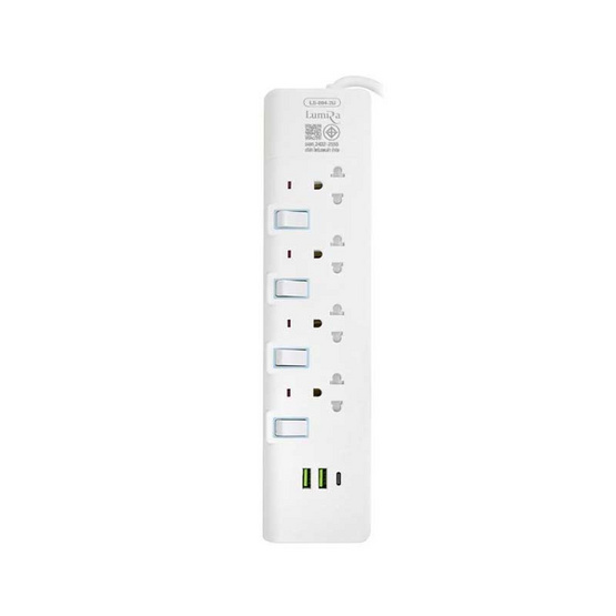 Lumira ปลั๊กไฟ 4 ช่อง 4 สวิตซ์ 2 USB 3 เมตร รุ่น LS-804-2U Lumira ปลั๊กไฟ 4 ช่อง 4 สวิตซ์ 2 USB 3 เมตร รุ่น LS-804-2U