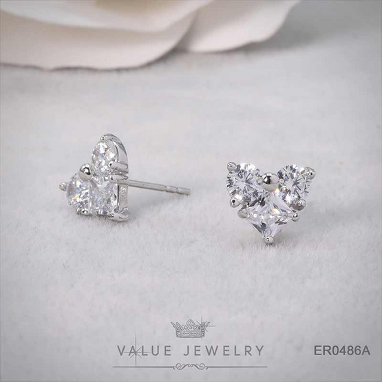 ValueJewelry ต่างหูแป้น ฝังคริสตัล3เม็ด ลายหัวใจ ขนาดเล็ก  ER0486