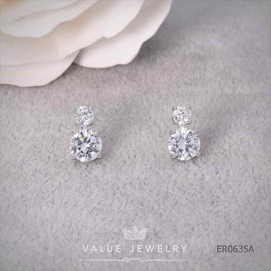 ValueJewelry ต่างหูแป้นฝังคริสตัลแท้ เพชรกลม 2ชั้น เม็ดบน4มิล เม็ดล่าง6มิล ขนาดเล็ก ER0635