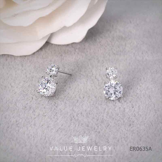 ValueJewelry ต่างหูแป้นฝังคริสตัลแท้ เพชรกลม 2ชั้น เม็ดบน4มิล เม็ดล่าง6มิล ขนาดเล็ก ER0635