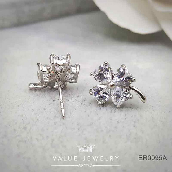 ValueJewelry ต่างหูแป้น ใบโฟร์ลีฟ นำโชค คริสตัลแท้ วิบวับ ต่างหู ตุ้มหู เครื่องประดับ ER0095