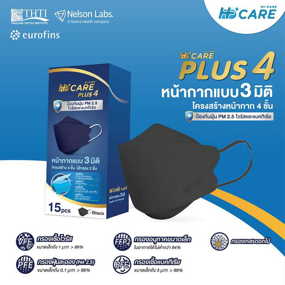 Hi-Care PLUS4รองรับ PM2.5 กรองเชื้อโรคแผ่นกรอง 4 ชั้นชนิดคล้องหู 15 ชิ้น สีดำ