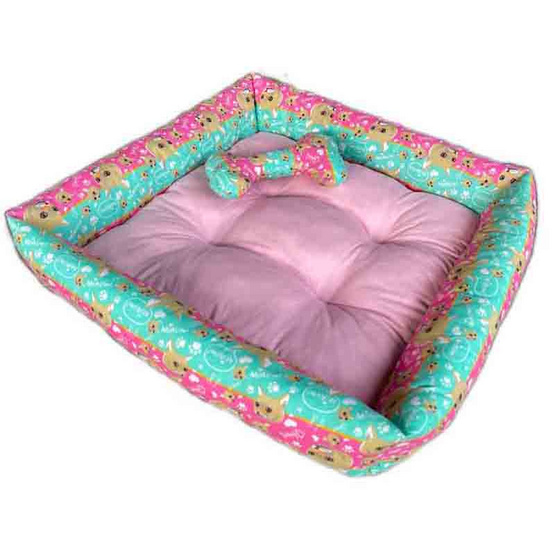 LD PET BED โซฟาสี่เหลี่ยมหมอนกระดูก ลายริ้วหัวแมวชมพูมิ้นท์