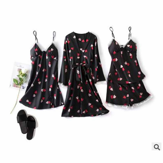 Wolfox เซ็ตชุดนอนผ้าซาติน 4 ชิ้น รุ่น Heart Beat