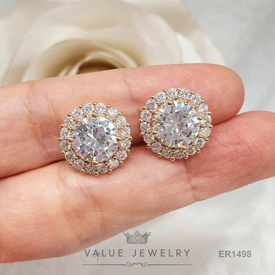 ValueJewelry ต่างหูแบบหนีบ คริสตัลเพชรกลมเพชรล้อมเพชร สีทอง ขนาดใหญ่ ER1498