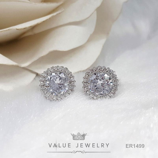 ValueJewelry ต่างหูแบบหนีบ คริสตัลเพชรกลม เพชรล้อมเพชร สีเงิน ขนาดพอเหมาะ ER1499