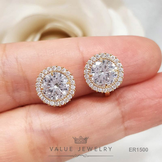 ValueJewelry ต่างหูแบบหนีบ คริสตัลเพชรกลม เพชรล้อมเพชร สีทอง ขนาดพอเหมาะER1500