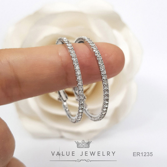 ValueJewelry ต่างหูห่วง ประดับคริสตัลแท้ ขนาด2มิลรอบวง ขนาด วง3เซน เงินแท้ ER1235