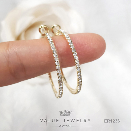 ValueJewelry ต่างหูห่วง ประดับคริสตัลแท้ ขนาด2มิลรอบวง ขนาด วง3เซน เงินแท้ ER1236