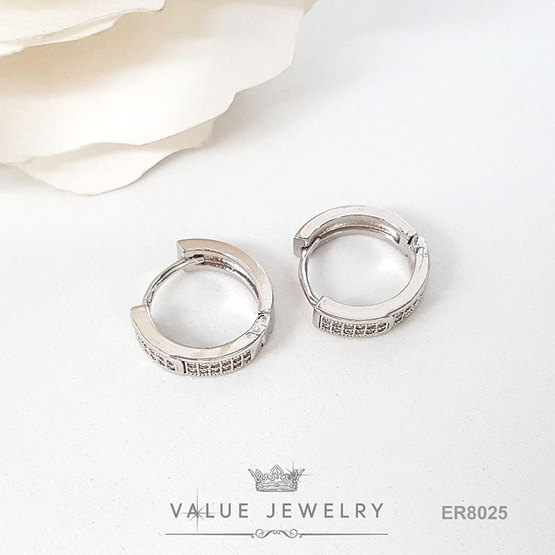 ValueJewelry ต่างหูห่วง ฝังคริสตัลละเอียด 2แถว ขนาดพอเหมาะ ตุ้มหู เครื่องประดับ ER8025