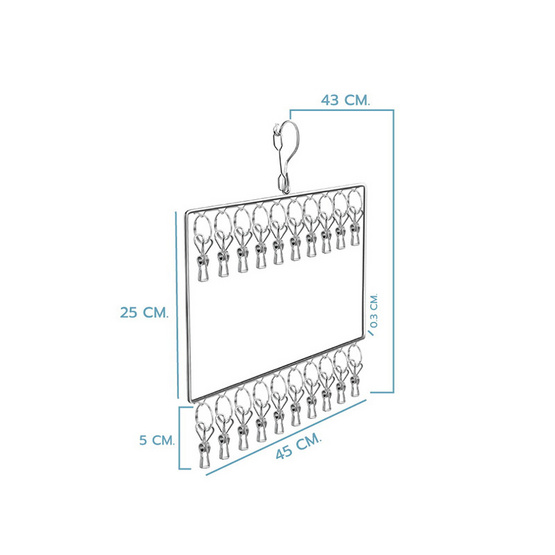 Cassa ห่วงตากผ้าสแตนเลสทรงสี่เหลี่ยม 20 ตัวหนีบ