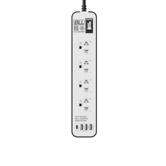 BLL ปลั๊กไฟ รุ่น B87 (4 ช่องเสียบ 1 สวิตซ์ 3 ช่อง USB และ 1 ช่อง Type C)