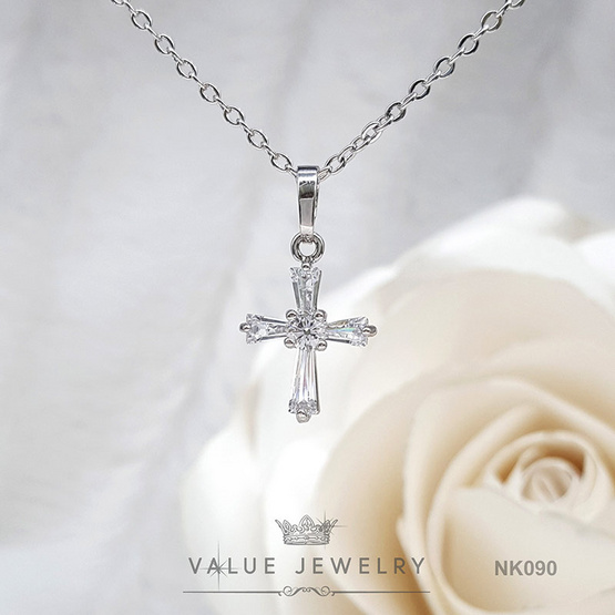 ValueJewelry สร้อยจี้ ไม้กางเขนเล็ก คริสตัลแท้ วิบวับเหมือนเพชรแท้ ใส่ได้ทุกวัน NK090