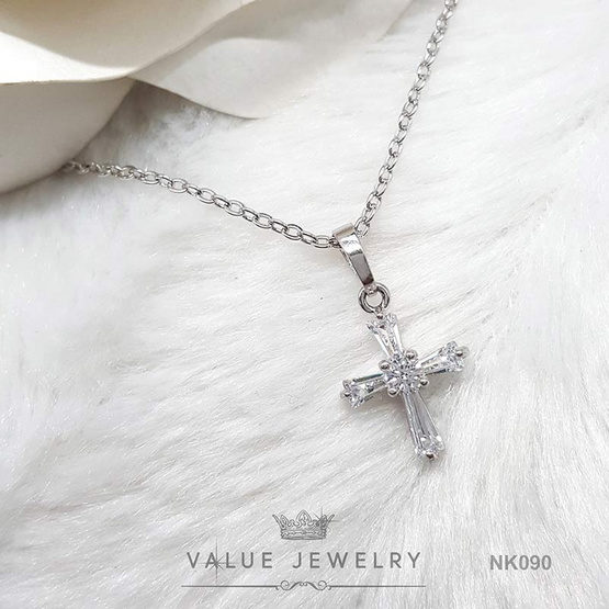 ValueJewelry สร้อยจี้ ไม้กางเขนเล็ก คริสตัลแท้ วิบวับเหมือนเพชรแท้ ใส่ได้ทุกวัน NK090