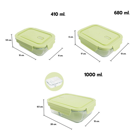 RRS กล่องแก้ว ถนอมอาหาร 3ใบ ขนาด 410,680,1000(2ช่อง) ml. สีเขียว