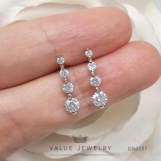 ValueJewelry ต่างหูแป้น ฝังคริสตัลแท้เรียง4เม็ด ขนาดเล็ก ตุ้มหู เครื่องประดับแฟชั่น ER0181