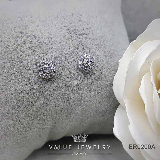 ValueJewelry ต่างหูแป้น เพชรกลม4มิล ล้อมคริสตัลละเอียด ขนาดเล็ก ตุ้มหู เครื่องประดับ ER0200