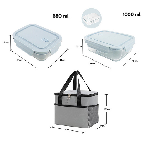 RRS กล่องแก้วถนอมอาหาร 2 ใบ/ชุด พร้อมกระเป๋าเก็บอุณหภูมิ ทรงสี่เหลี่ยม