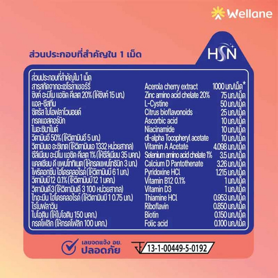 WELLANE อะเซโรลา เชอร์รี่ 1000 มก. พลัส ไบโอติน ซิงค์ และวิตามินรวม บรรจุ 30 เม็ด