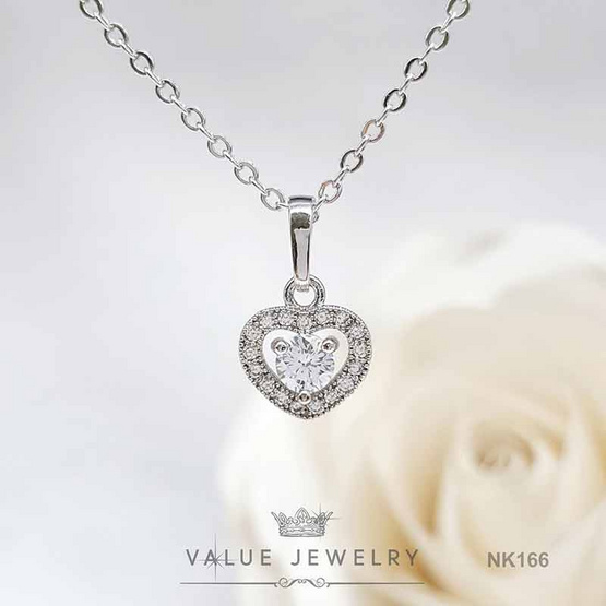 ValueJewelry สร้อยคอพร้อมจี้ เพชรกลม4มิล ล้อมคริสตัลแท้ ลายหัวใจ ขนาดเล็ก NK166