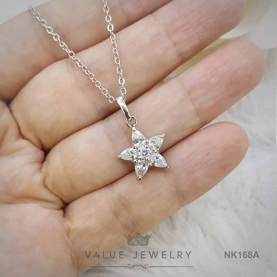 ValueJewelry สร้อยคอพร้อมจี้ลายดอกไม้ ดาว ฝังคริสตัลแน่น ชุบทองคำขาว NK168