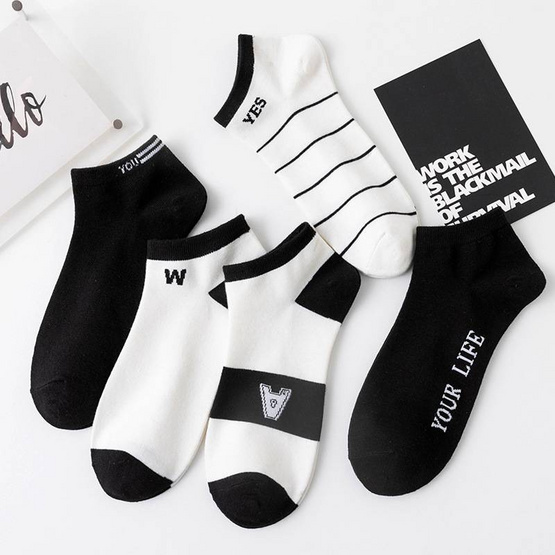 CC SOCK ถุงเท้าสีขาว-ดำ W10 แพ็ค 5 คู่