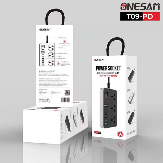 Onesam ปลั๊กไฟ 3 ช่อง PD 2 พอร์ต USB 4 พอร์ต 2 เมตร รุ่น T09-PD