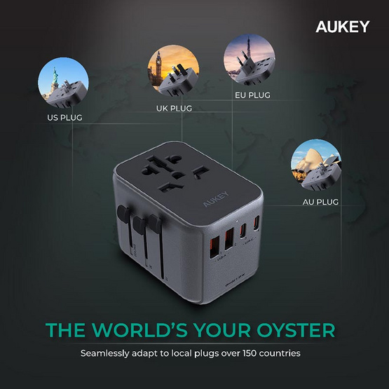 Aukey หัวแปลงปลั๊กไฟ Universal Travel Adapter พร้อมช่อง USB-C และ USB-A รุ่น PA-TA07