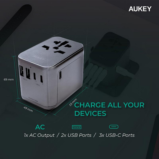 Aukey หัวแปลงปลั๊กไฟ Universal Travel Adapter พร้อมช่อง USB-C และ USB-A รุ่น PA-TA07