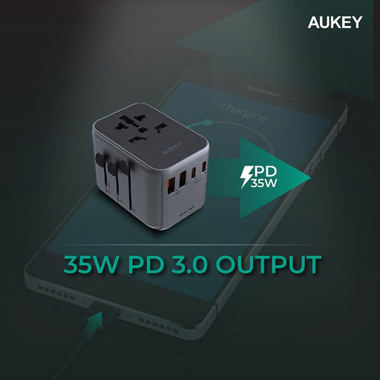 Aukey หัวแปลงปลั๊กไฟ Universal Travel Adapter พร้อมช่อง USB-C และ USB-A รุ่น PA-TA07