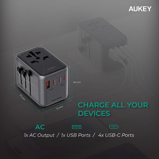 Aukey หัวแปลงปลั๊กไฟ Universal Travel Adapter พร้อมช่อง USB-C และ USB-A รุ่น PA-TA08