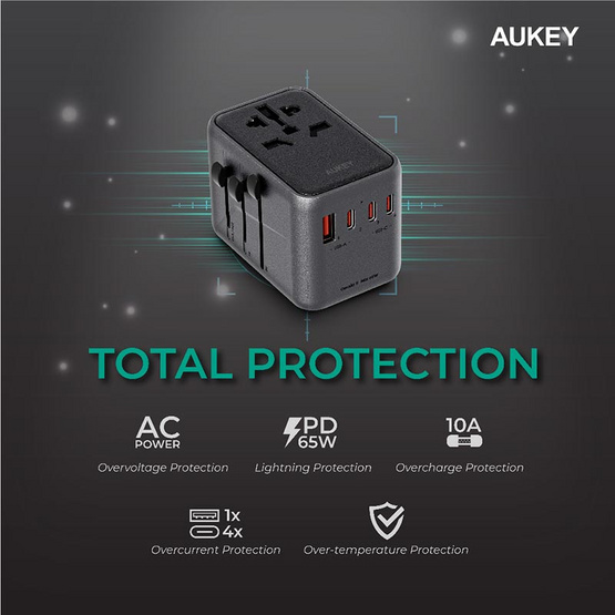 Aukey หัวแปลงปลั๊กไฟ Universal Travel Adapter พร้อมช่อง USB-C และ USB-A รุ่น PA-TA08