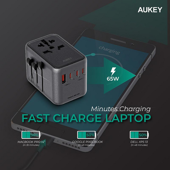 Aukey หัวแปลงปลั๊กไฟ Universal Travel Adapter พร้อมช่อง USB-C และ USB-A รุ่น PA-TA08