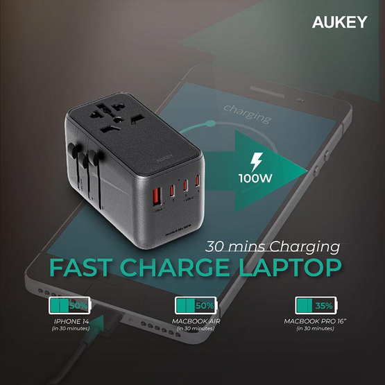 Aukey หัวแปลงปลั๊กไฟ Universal Travel Adapter พร้อมช่อง USB-C และ USB-A รุ่น PA-TA09