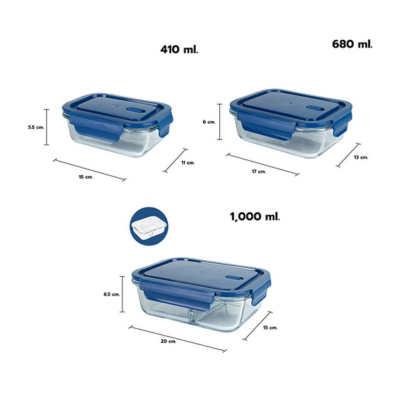 RRS กล่องแก้วถนอมอาหาร 3ใบ ขนาด 410/680/1000(2ช่อง) ml. สีน้ำเงิน