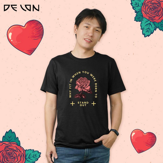 DELONเสื้อยืดคอกลม ผ้าคอตตอน-โพลี รุ่น AT53173 สกรีนลาย "กุหลาบ เลิฟเว่อร์" (UNISEX)